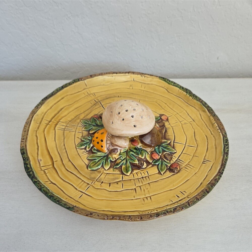 Vintage Lefton Merry Mushroom Ceramic Appetizer Hors d'oeuvre Plate Cottagecore - Picture 3 of 13